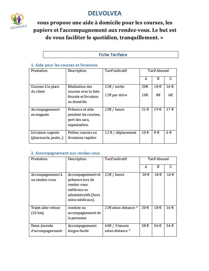 Fiche tarifaire delvolvea